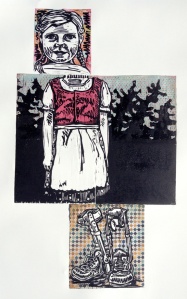 Cabot, Jennie, Butchie's Braces  woodcut and collage  22" x 39"  Jennifer Groeber