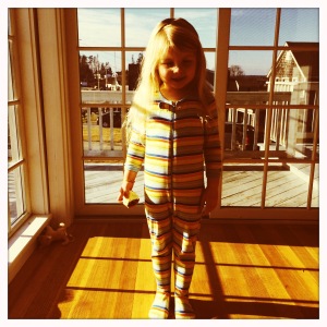 Cabot in front of a window with pajamas on, January 2015